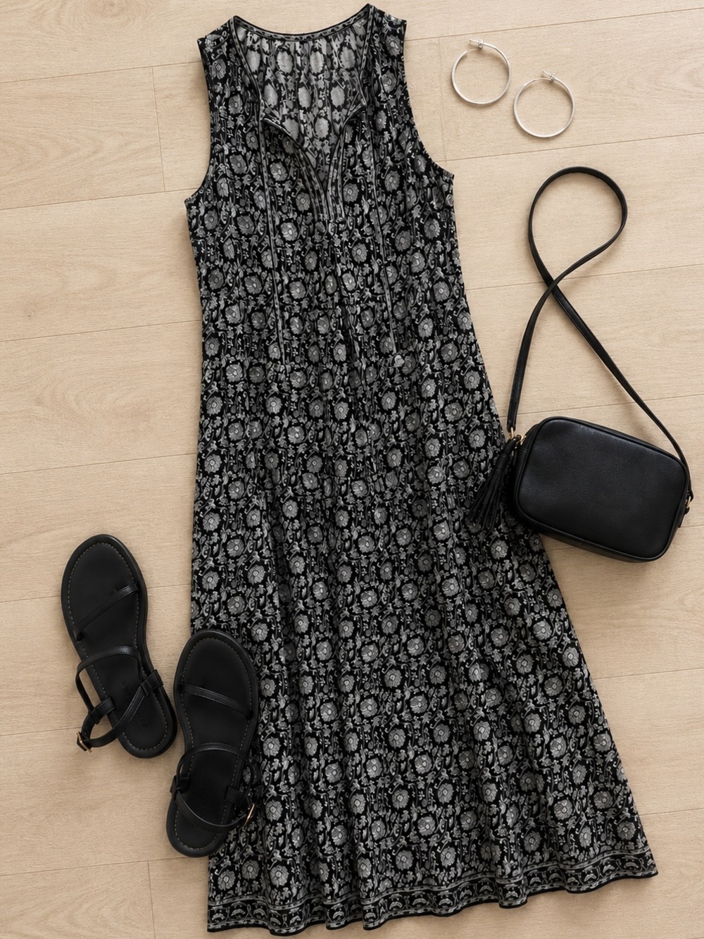 Sleeveless Black Ivory Floral Maxi Dress Tie Front Tiered Boho Cottagecore